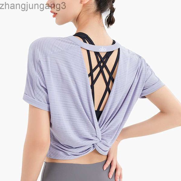 

alos yoga t shirt v-shaped hollow back sports short sleeve shirt loose breathable short yoga dress, White