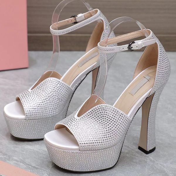 

designer sandals fashion women high heels fashion dress shoe silk rhinestone open toe platform thick sole casual buckle party wedding shoes, Black