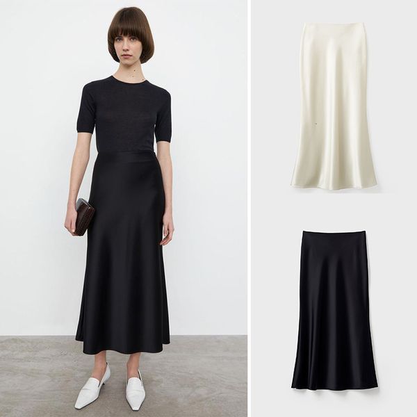 

skirt high waist satin midi spring ladies fashion glossy fishtail package hip long jupes allmatch 230323, Black