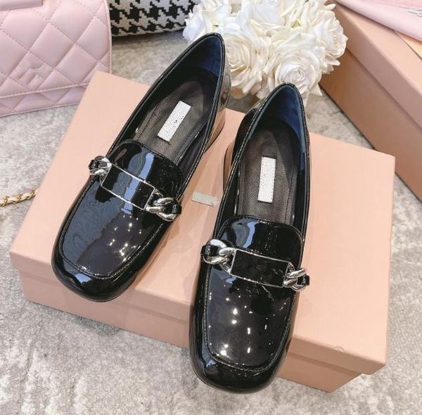

miu chain leather women's loafers shoes thick-heeled high-heeled women's mid-heeled round-headed comfortable women's casual p