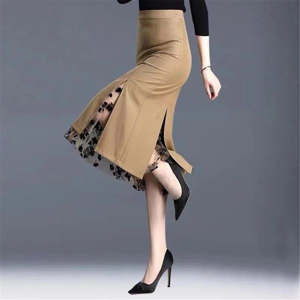 

skirts fairyshely women spring summer irregular mesh band splice high waist knee khaki split office lady 230323, Black