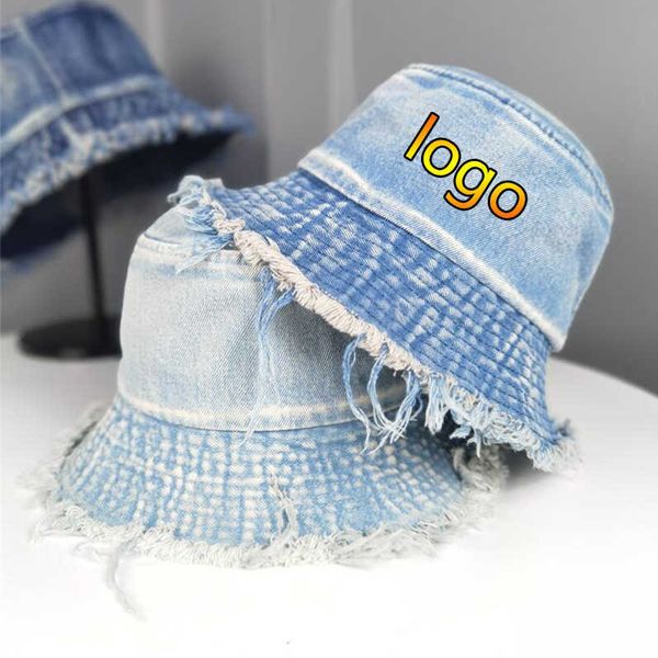 

wide brim hats new summer custom tassel washed denim bucket hats women wide brim foldable fisherman's hat outdoor beach panama cap g230, Blue;gray