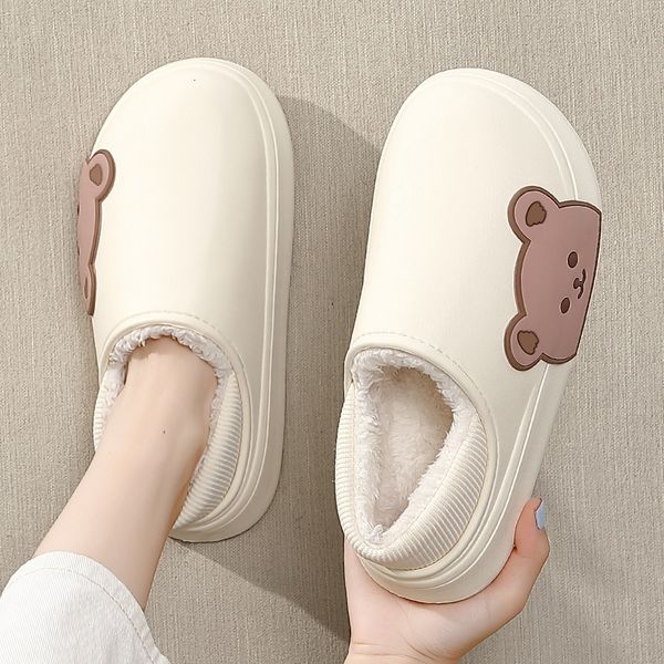 

slippers winter women men thick platform waterproof non-slip flat slippers warm indoor fur cotton men couples girls ladies cartoon shoes 230, Black