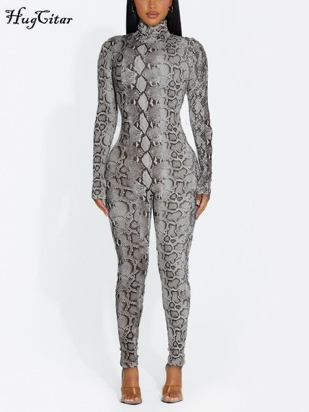 

women's jumpsuits rompers hugcitar snake print turtleneck long sleeve zip up bodycon jumpsuit winter women streetwear sport casual y2k, Black;white