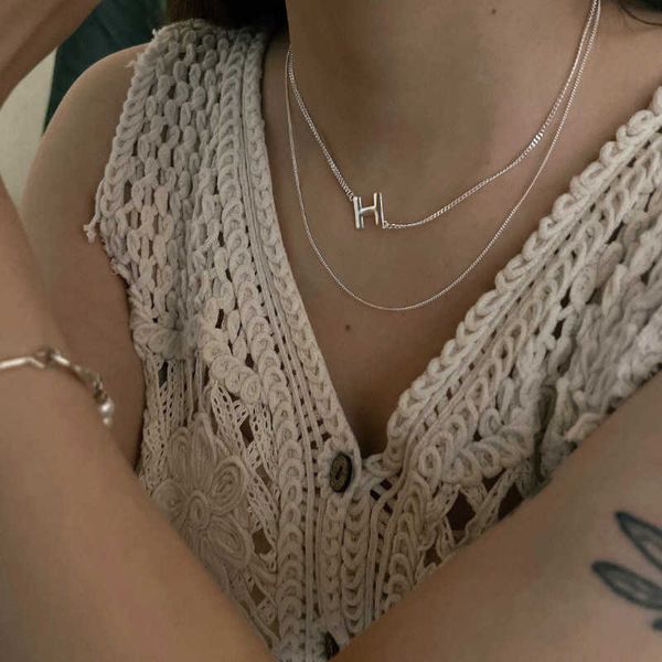 

pendant necklaces strands strings double-layer h letter necklace women's new 925 sterling silver collarbone folding sweater chain simpl