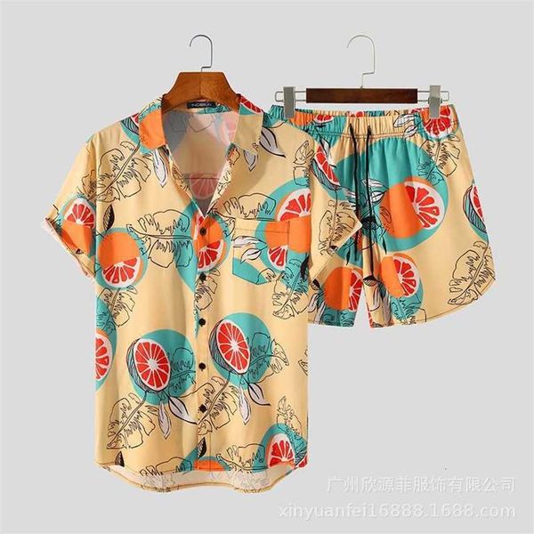 

2022 new casual suit printed two-piece hawaiian beach shirt shorts, Black