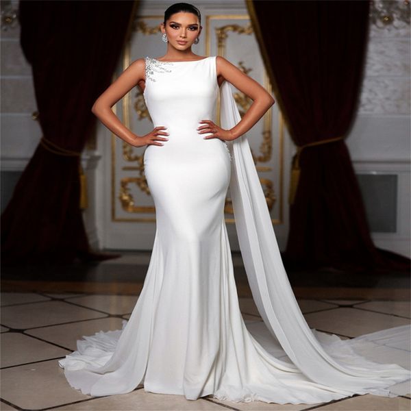 

elegant mermaid wedding dresses bateau applicants high waist sleeveless backless cape chapel gown custom made plus size bridal gown vestidos, White