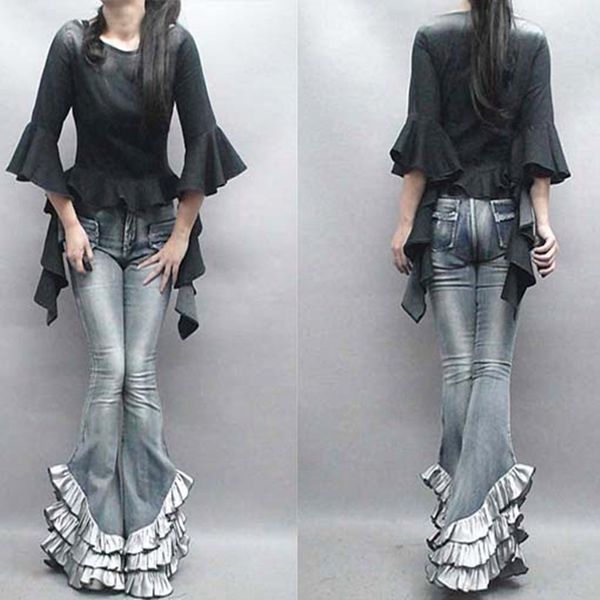 

women's jeans fashion long pants for women flare stretch trousers plus size sxl denim european ruffles 230323, Blue