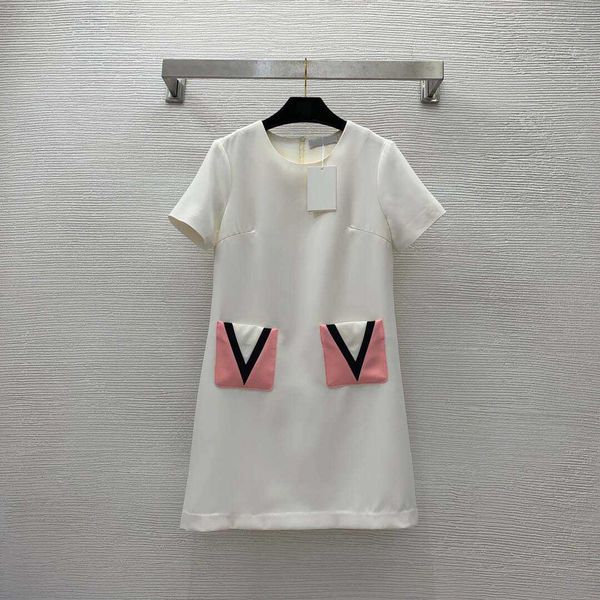 

23ss summer dresses women dress women designer clothes dual-pocket contrast stitching v-letter a round neck short-sleeve slim dress women cl, Black;gray