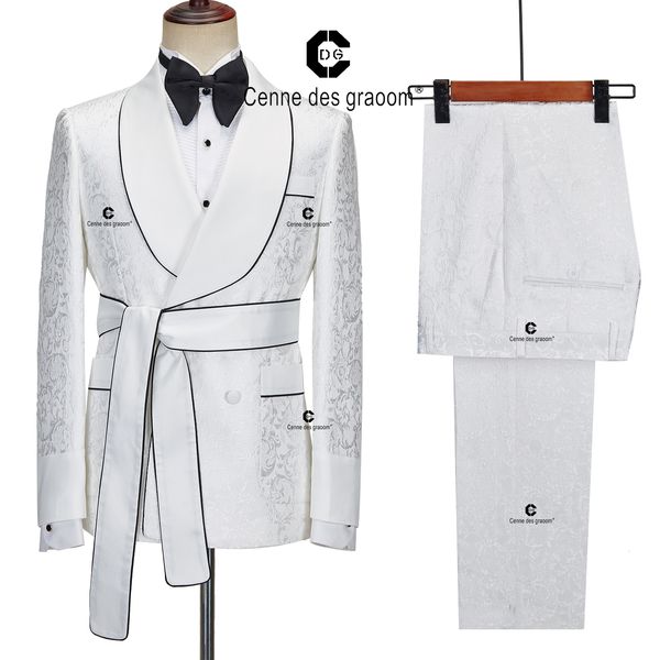 

men's suits blazers cenne des graoom 2023 wedding for men white jacquard double breasted shawl lapel tuxedo jacket 2 pieces with belt 2, White;black