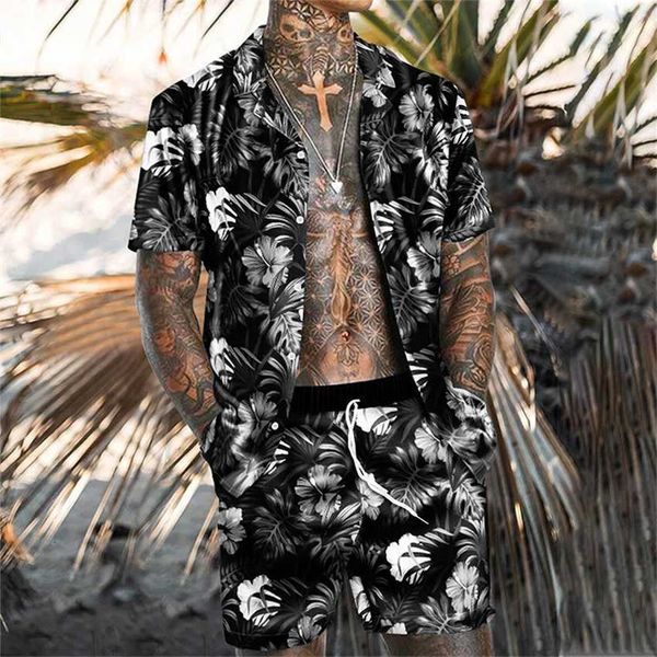 

2023 men's casual print loose shirt beach suit, White;black