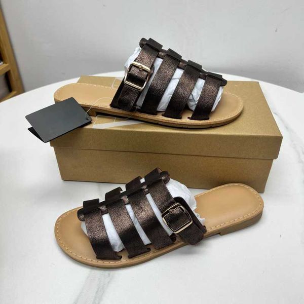 

slippers ladies shoes hollow breathable women's slippers with fashion buckle retro style outside female slides comfort flat flip flops, Black
