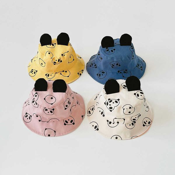 

caps hats korean cute baby bucket hats cartoon panda ears sun hats boys girls outdoor sun hats with windproof rope kids caps accessories p23, Yellow