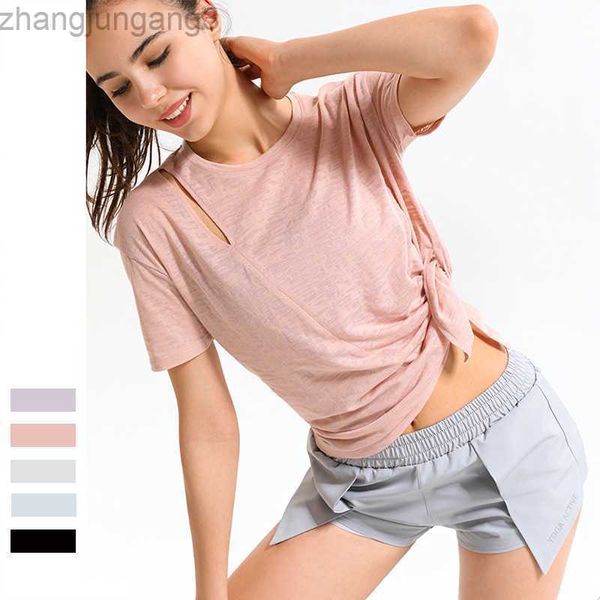 

alos yoga t shirt women's summer hollow fitness short sleeve loose breathable split quick dry sports shirt, White