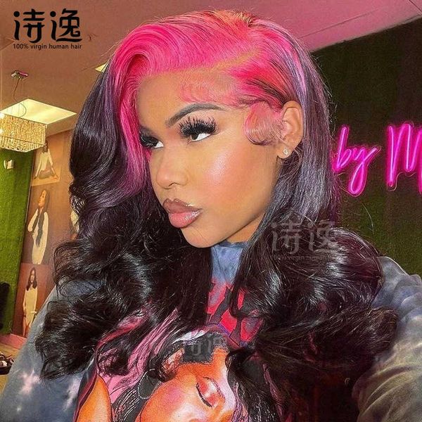 

pink roots black color 13*4 lace front human hair wigs 230323