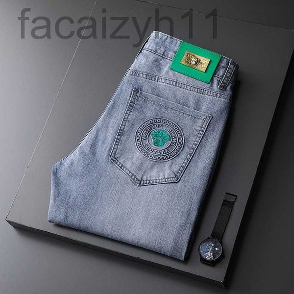 

men's jeans designer men's spring and summer elastic slim fit small feet casual fashion versatile youth embroidered long pants ano, Blue