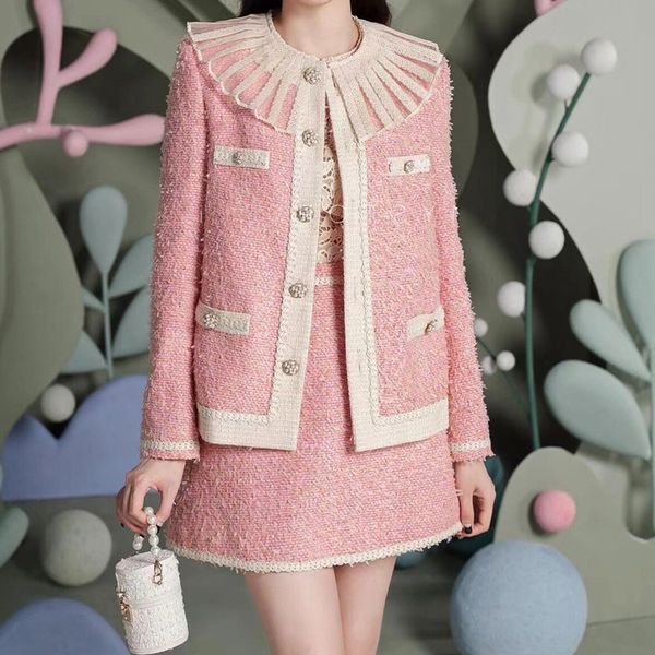 

women's suits blazers clothes fashion brand y2k autumn pink tweed coats half skirts two piece sets for women 2 pcs female clothing offi, White;black