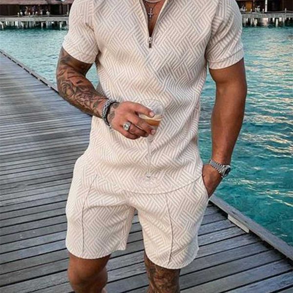 

2022 men's new casual contrast polo zipper lapel short sleeve suit, Black