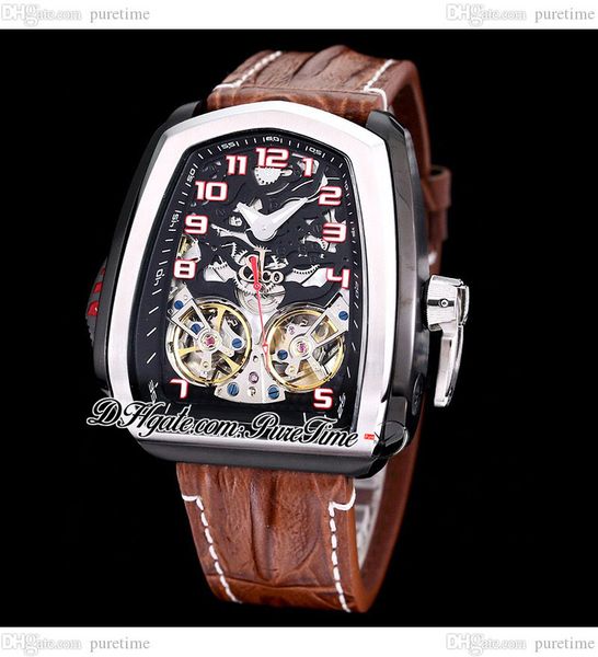 

twin turbo jcfm05 double tourbillon automatic mens watch two tone rose gold red skeleton dial brown leather strap white line super sports ca, Slivery;brown