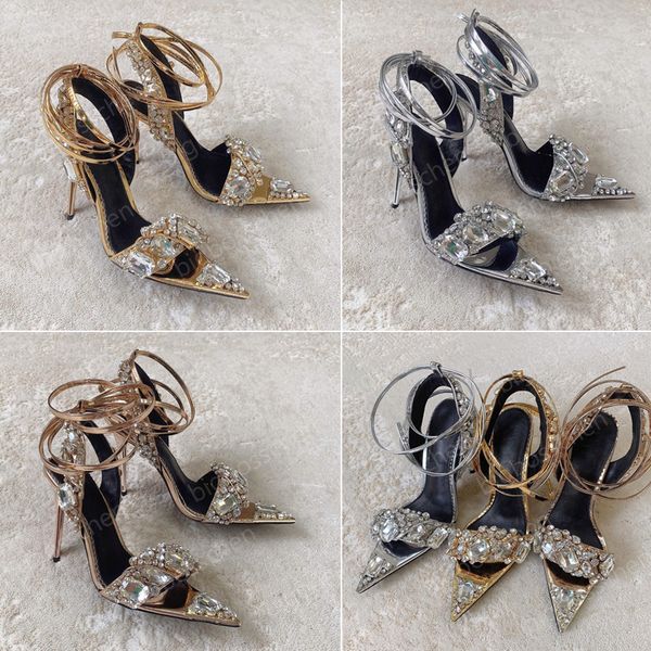 

metal crystal decorated ankle strap sandals high heel fine high heel women's party evening shoes open toe mirror leather .5 cm luxury, Black