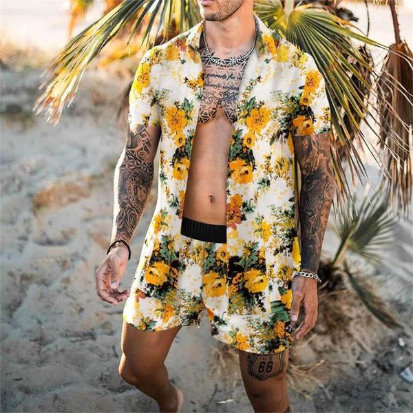 

2023 summer new men's casual suit digital printing slim fit short sleeve shirt youth beach, Black