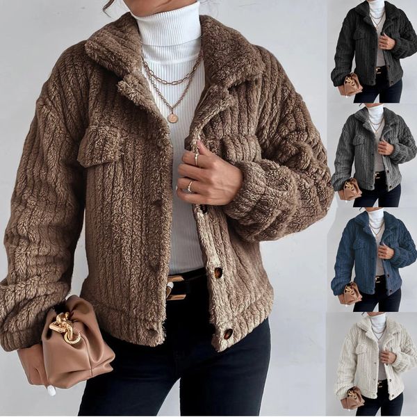 

women's jackets autumn plush coat fashion women lapel long sleeve single breasted false pocket decoration jacket casual comfortable sho, Black;brown