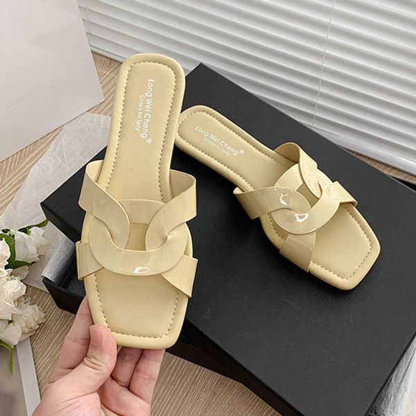 

slippers 2022 brand japanned leather slides beach shoes woman circle chain cut-out sandals flat heel flipflops ladies comfy slippers home g2, Black