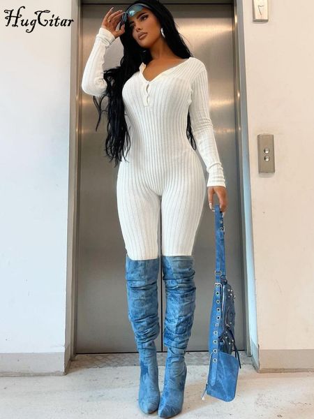 

women's jumpsuits rompers hugcitar pure color v neck long sleeves buttons bodycon skinny jumpsuit fall winter elegant streetwear party, Black;white