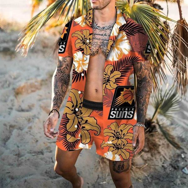 

summer 2022 new men's casual gradient print loose shirt beach set, Black