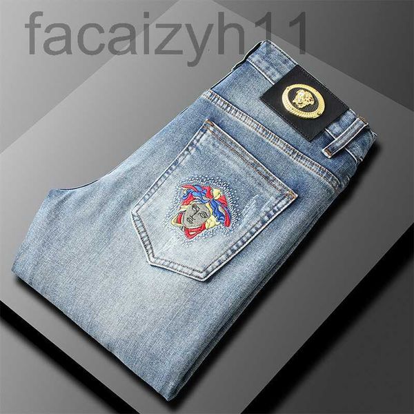 

men's jeans designer light embroidered torn jeans for men's new mid waist stretch slim fitting small leg long pants summer thin en, Blue