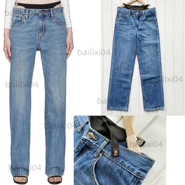 

women's jeans spring new high waist bikini decorative panel straight leg aw versatile pants t230323, Blue