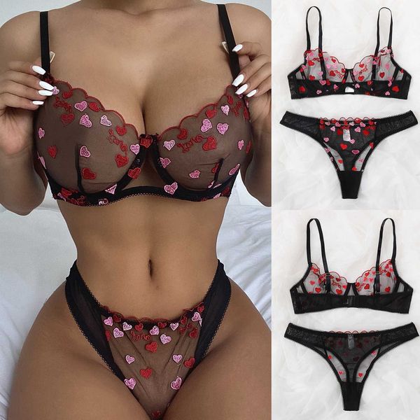 

bra and panty set two piece underwear women valentines day lingerie, Red;black