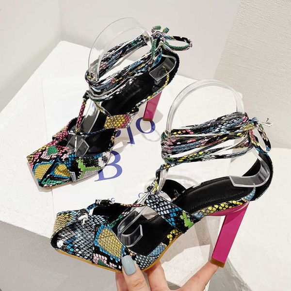 

sandals liyke fashion mixed color snake print square toe women's sandals high heels summer cross lace-up party dress shoes pumps size 4, Black