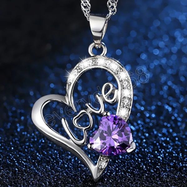 

pendants jewelry women's heart shape amethyst love diamond pendant necklace, Silver