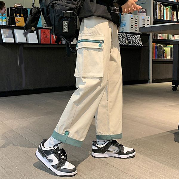 

men's pants spring autumn casual print patchwork cotton wide leg man loose y2k pocket hip hop cargo straight male trousers streetwear 2, Black