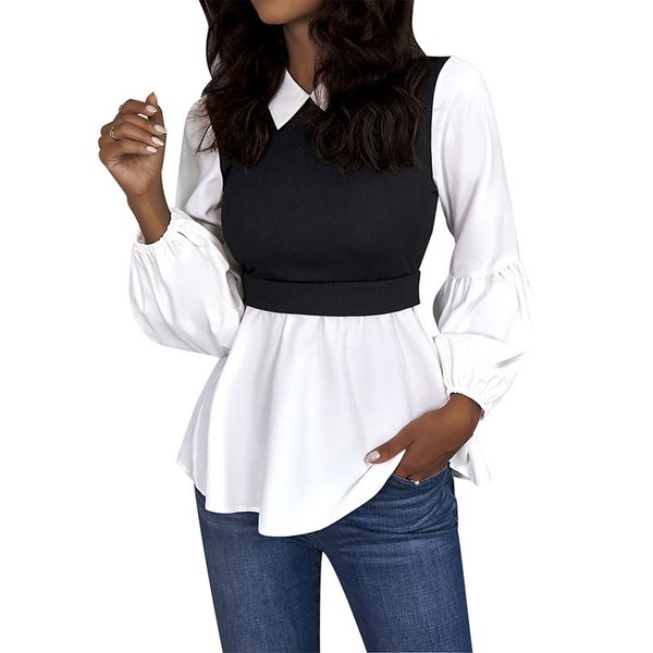 

lapel neck knitted women's knits & tees panelled shirt fake two-piece set slim empire waist pullover bodycon a-line with puff long sle, White