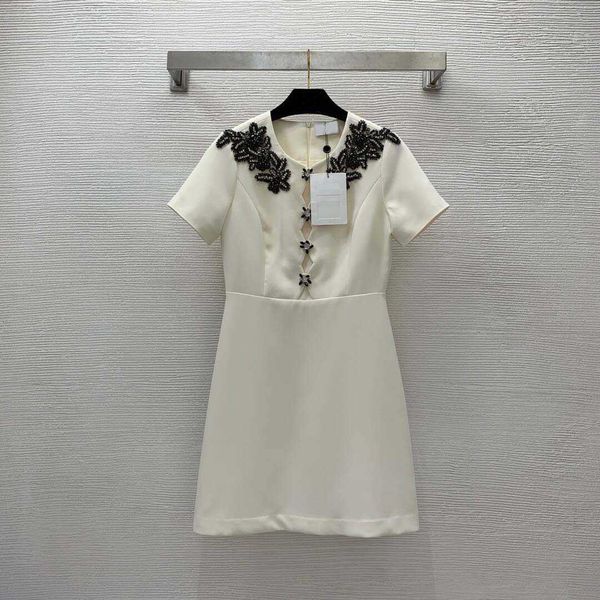 

fashion designer shirt dress long heavy industry handmade beaded slim round neck short sleeve one piece dress brand logo clothes, Black;gray