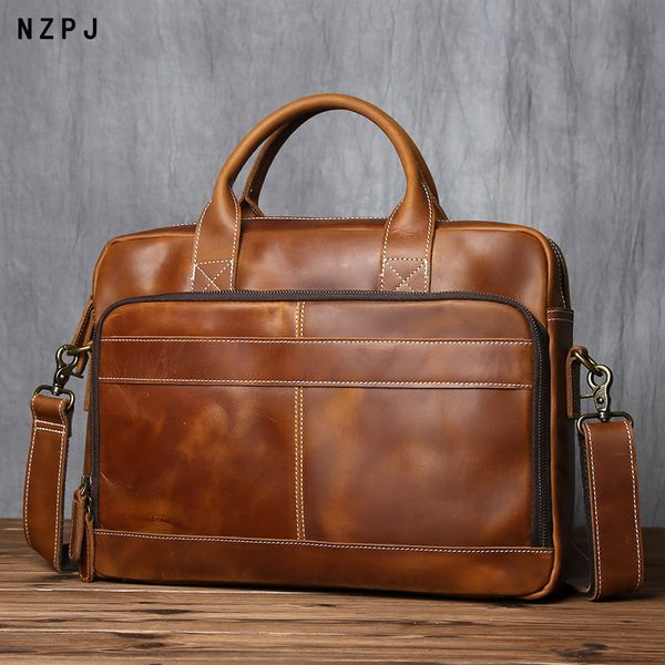 

briefcases nzpj retro handmade leather men's handbag crazy horse large capacity briefcase layer cowhide shoulder diagonal bag 230323
