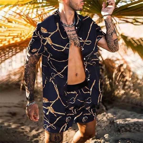 

2023 summer print casual shirt shorts two piece men's beach set, Black