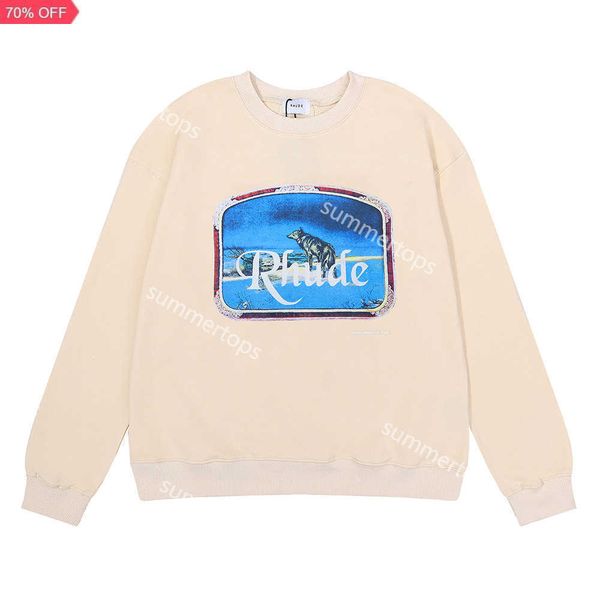 

rhude designer sweatshirt lone wolf print men women streetwear mens sweatshirt cotton crewneck hip hop high street pullover hoodies f02555, Black