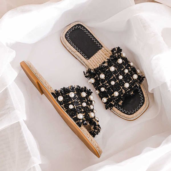 

slippers luxury pearl slides woman plaid tweed cloth shoes ladies flat slippers hemp flipflops femme crystal sandals espadrilles pantufla g2, Black