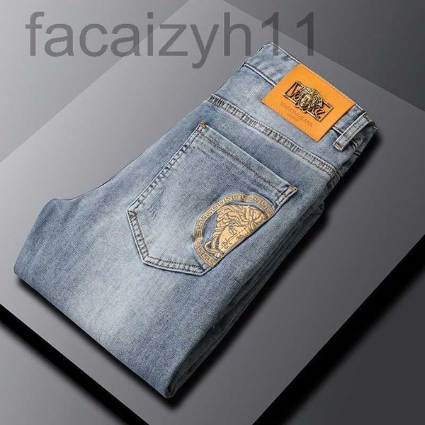 

men's jeans designer light embroidered jeans slim fitting summer cropped pants bl26, Blue