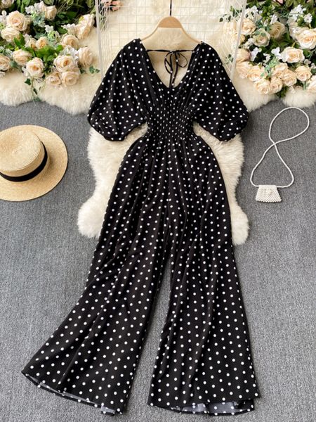 

women's jumpsuits rompers spring women polka dot jumpsuits romper thin ladies loose wide leg pants overalls playsuits jumpsuits summer, Black;white