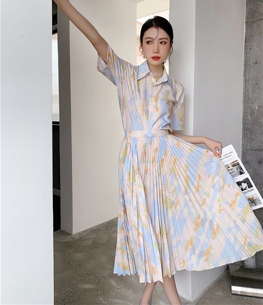 

skirts summer tie dye printed short sleeve shirt high waist pleated long skirt women korean fashion 2piece suits 230322, Black