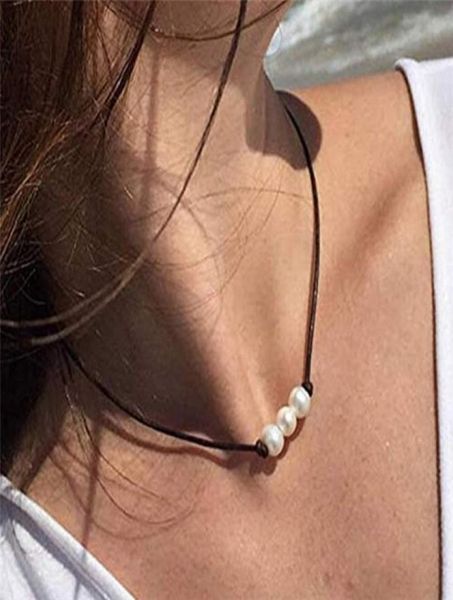 

new arrival single one white pearl choker necklace on genuine leather cord handmade jewelry for women girls gift2854590, Golden;silver