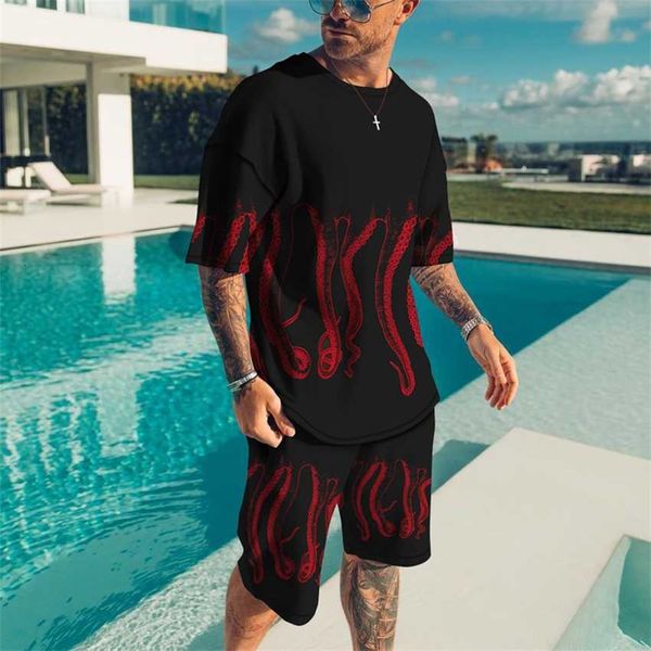 

summer fish feet 3d digital print t-shirt short sleeve set casual men's beach shorts 2pk, White;black