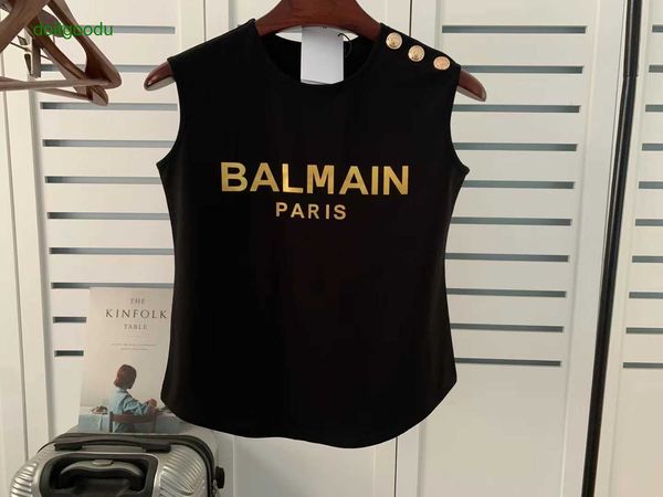 

ballmmains spring summer new sleeveless ironing gold shoulder gold button tank arc hem t shirt women, White