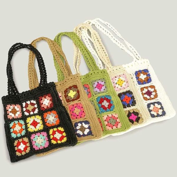 

beach bohemain crochet women shoulder bags granny square tote casual knitted handbags handmade woven summer small purse