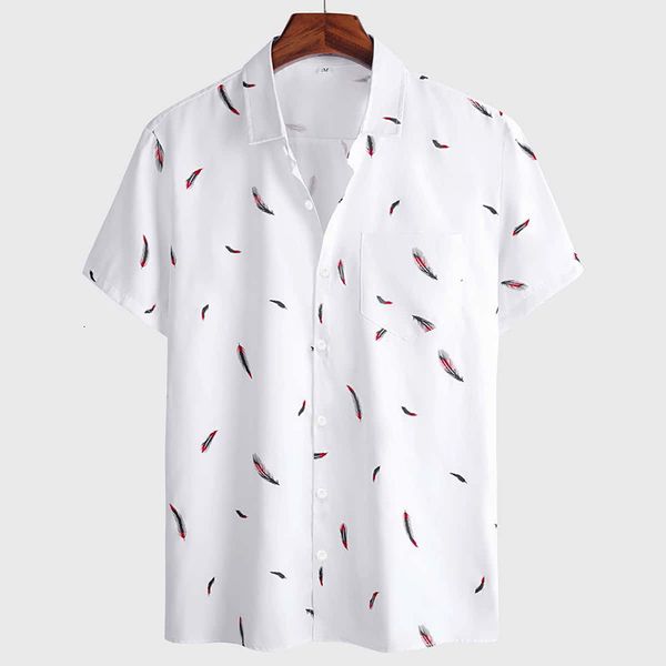 

men's casual shirts summer feather print men shirt short sleeve white casual beach hawaiian shirts for men streetwear camisa para hombr, White;black
