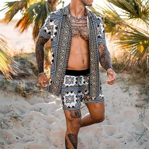 

2023 summer beach style loose shirt hawaiian casual set men's print two piece, Black